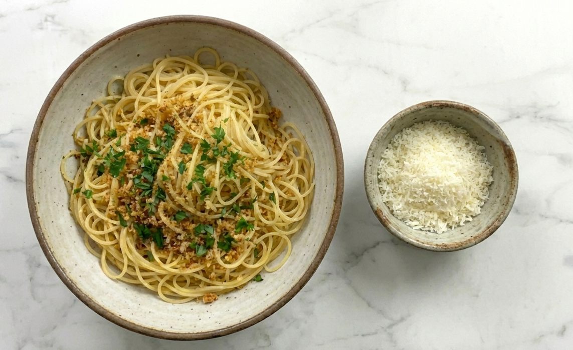 Pasta pangrattato con pan tostado y ajo, sabor del sur de Italia