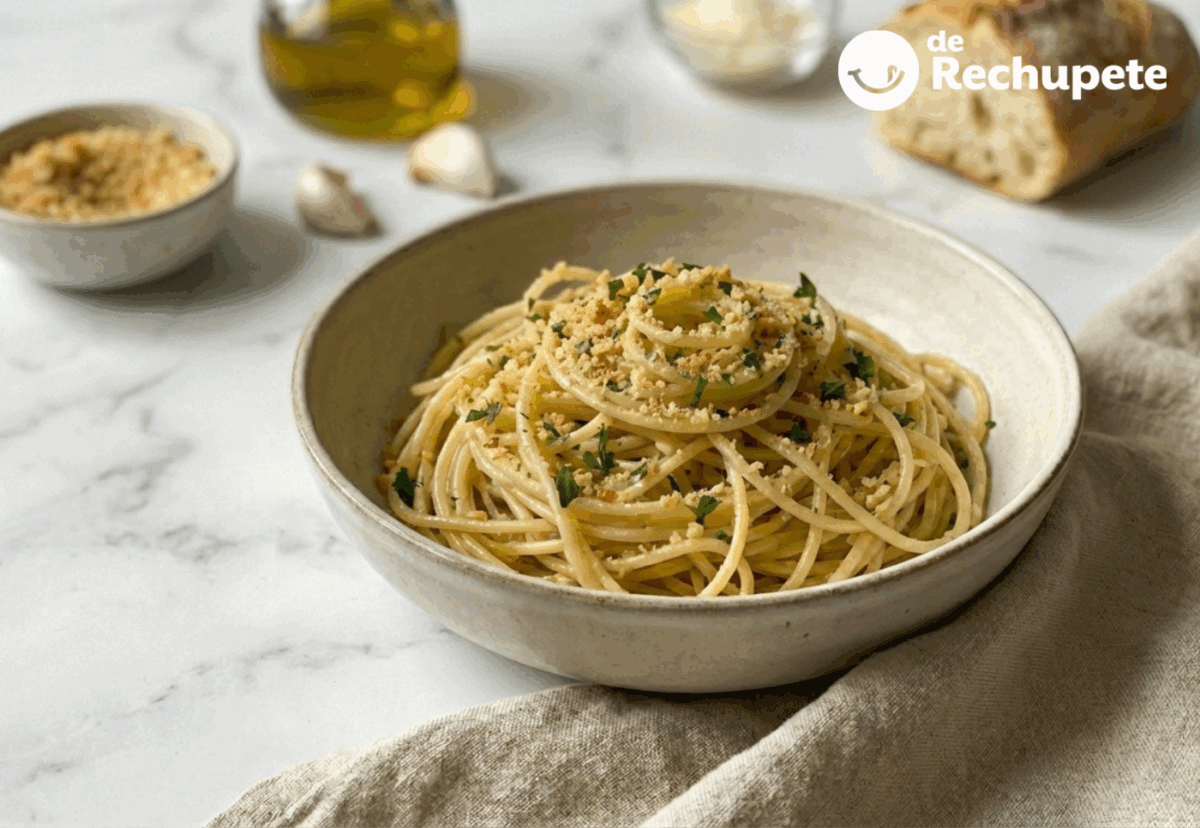 Pasta pangrattato con pan tostado y ajo, sabor del sur de Italia