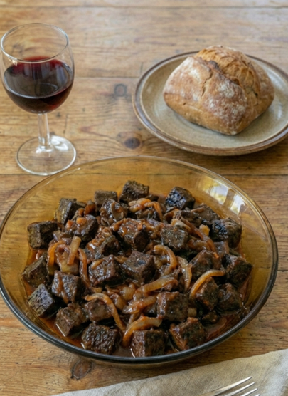 Sangre encebollada. Receta tradicional de casquería sabrosa