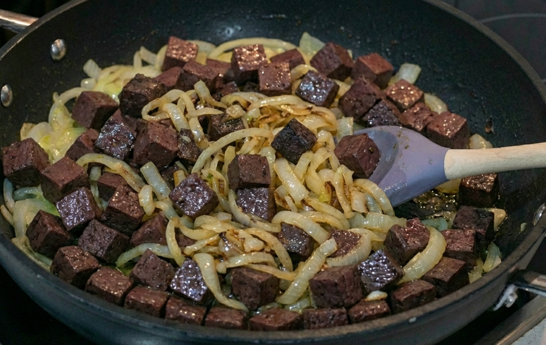 Sangre encebollada. Receta tradicional de casquería sabrosa