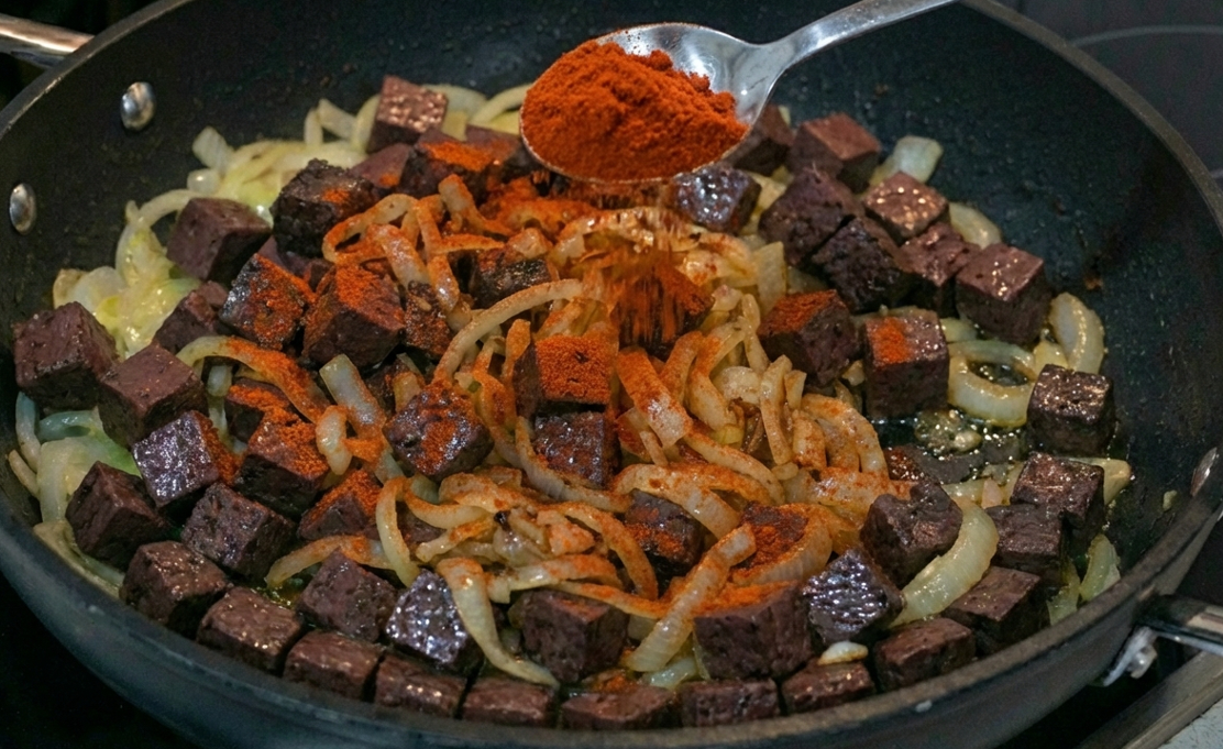Sangre encebollada. Receta tradicional de casquería sabrosa