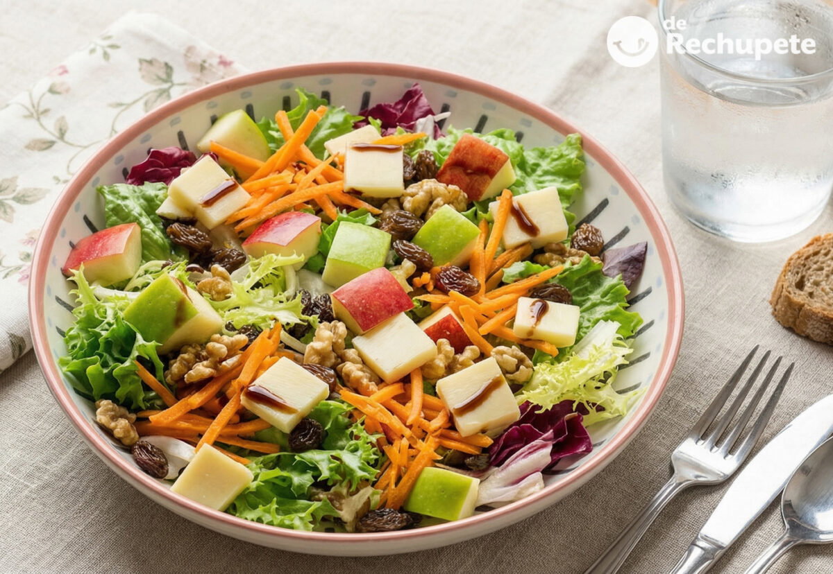 Ensalada con manzana crujiente y vinagreta casera, receta fácil y saludable