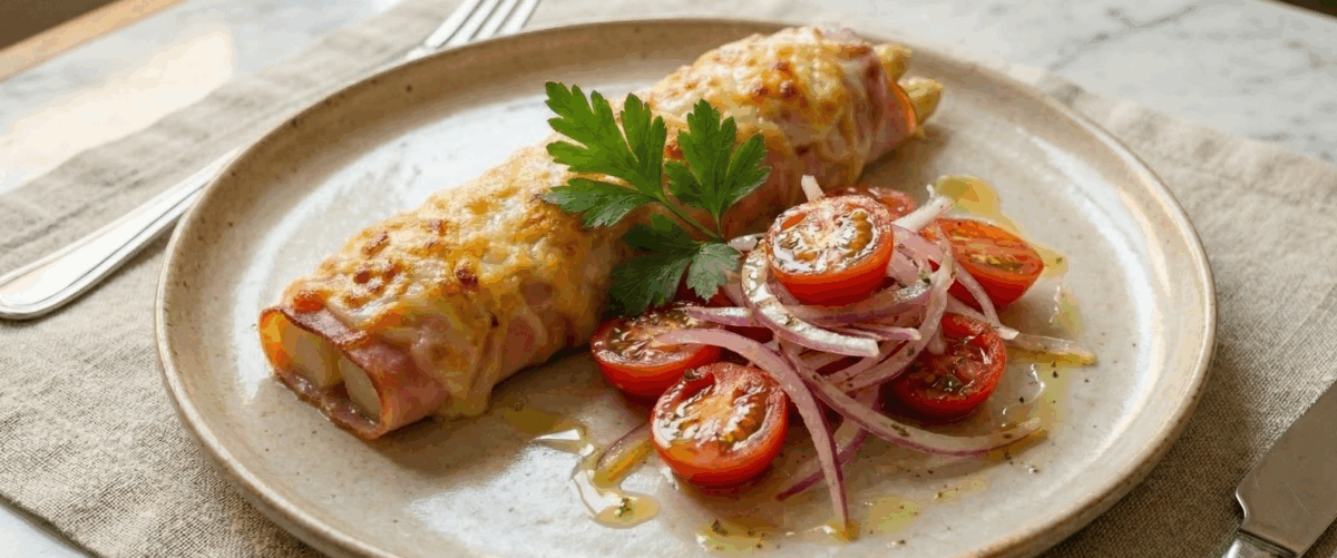 Espárragos blancos gratinados al horno con jamón y queso: receta fácil, rápida y muy resultona