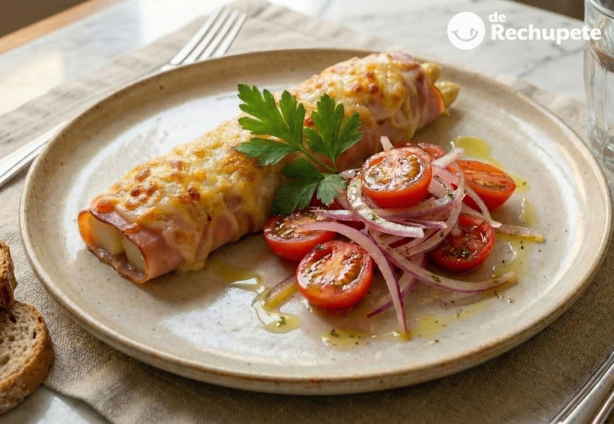 Espárragos blancos gratinados al horno con jamón y queso. Receta fácil, rápida y muy resultona