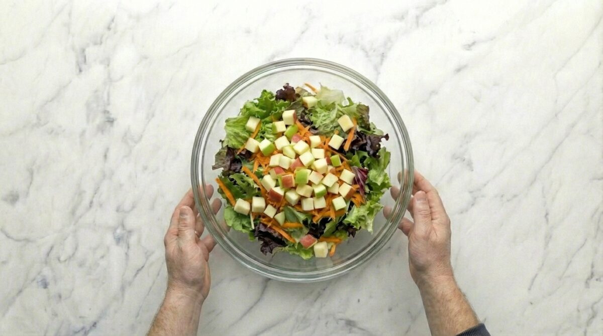 Ensalada con manzana crujiente y vinagreta casera, receta fácil y saludable