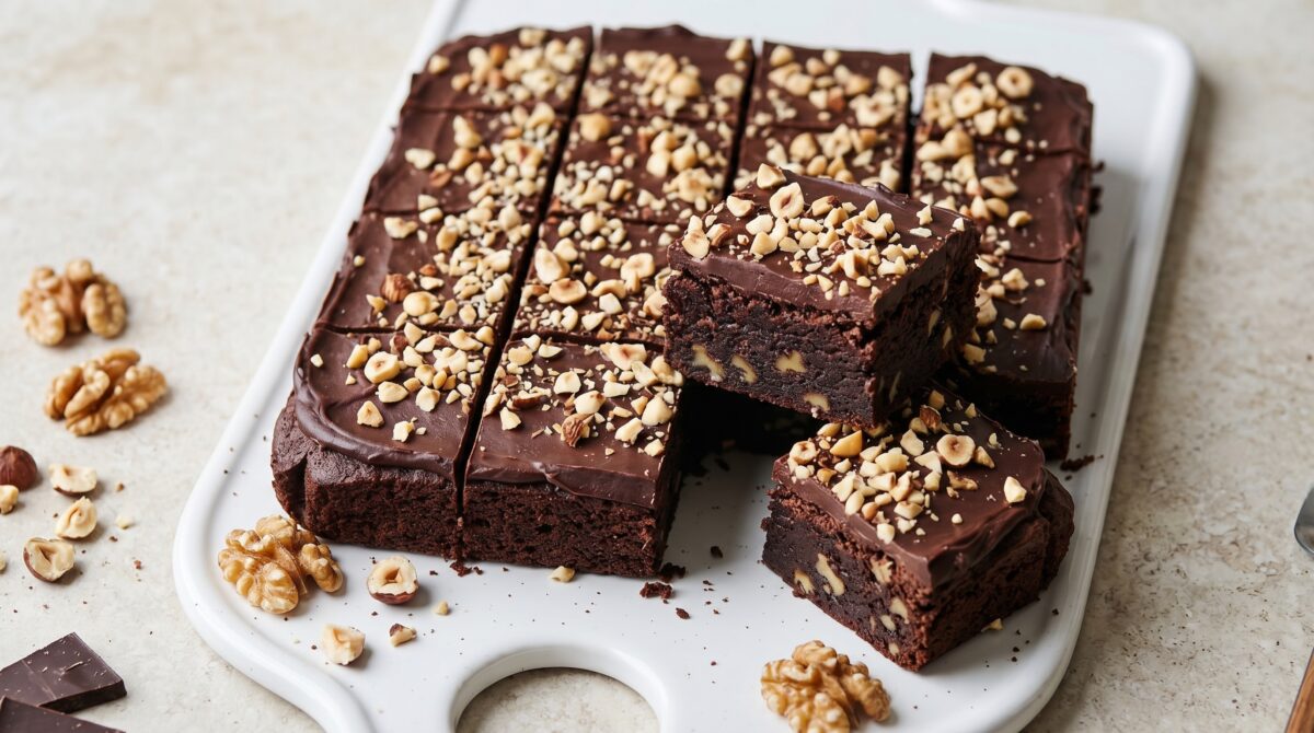 Brownie de chocolate con nueces y avellanas: intenso, denso y con cobertura crujiente