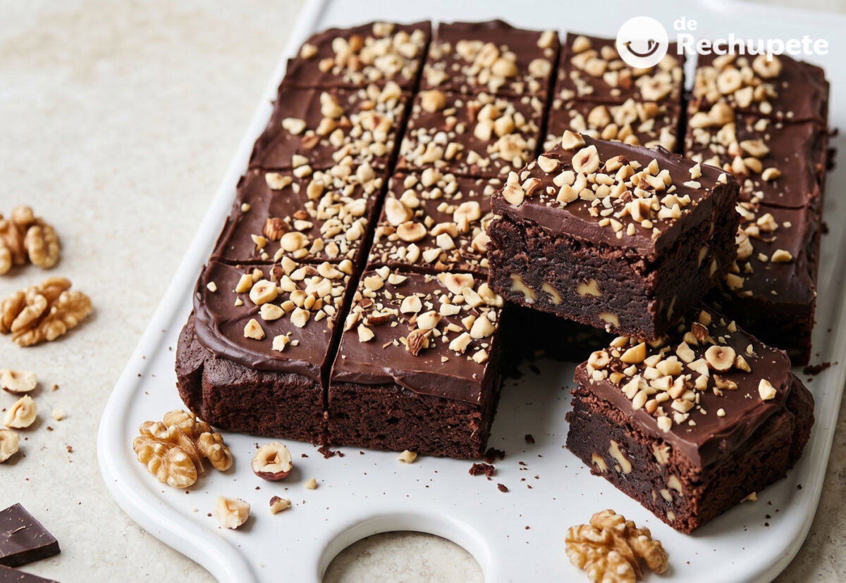 Brownie de chocolate con nueces y avellanas: intenso, denso y con cobertura crujiente