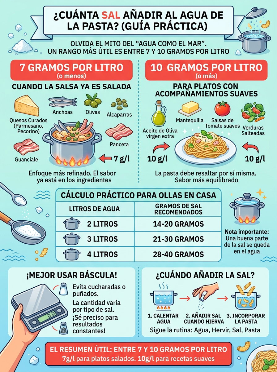 Cuánta sal debes echar realmente al agua para cocer pasta