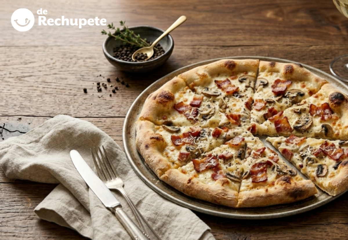 Pizza carbonara cremosa, una receta casera para los días de antojo serio