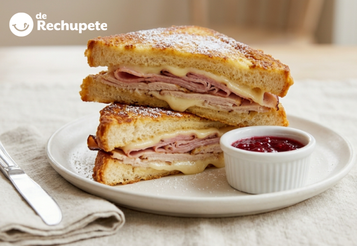 Sándwich Monte Cristo, crujiente por fuera y con queso fundente por dentro