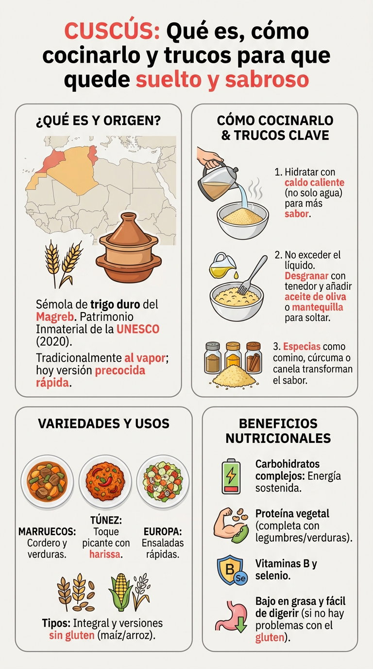 Cuscús. Qué es, cómo cocinarlo y trucos para que quede suelto y sabroso