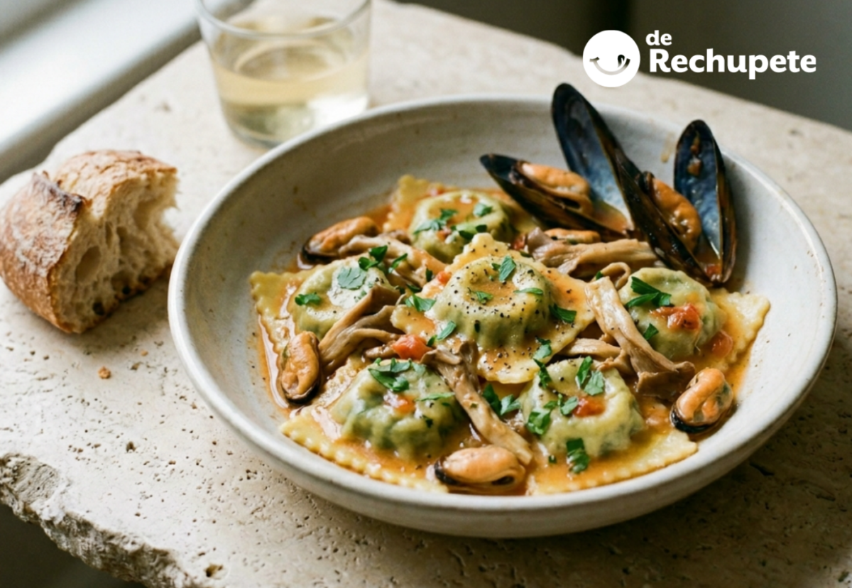Pasta fresca rellena de espinacas con salsa de mejillones y setas