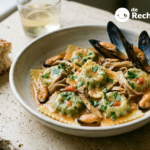 Pasta fresca rellena de espinacas con salsa de mejillones y setas