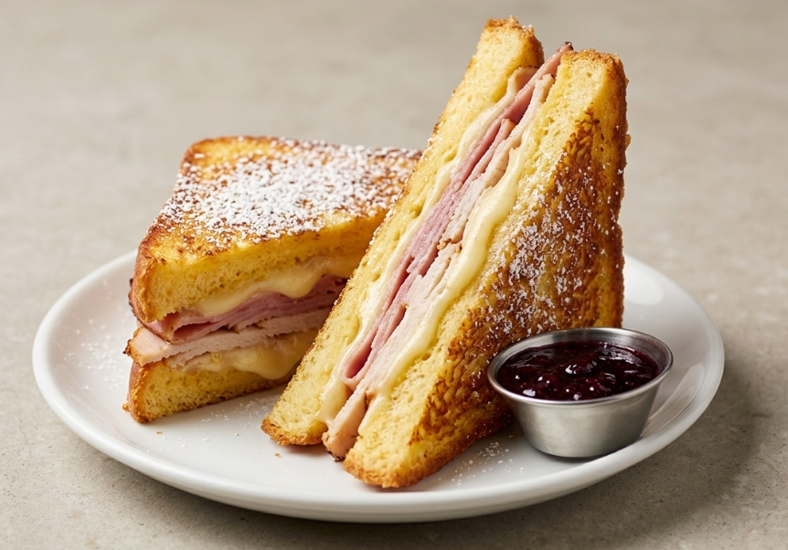 Sándwich Monte Cristo, crujiente por fuera y con queso fundente por dentro