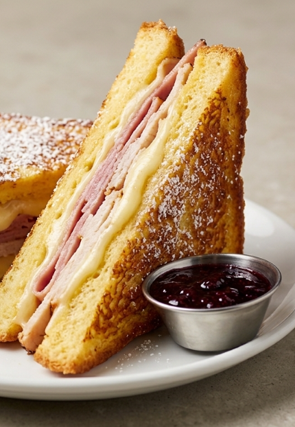 Sándwich Monte Cristo, crujiente por fuera y con queso fundente por dentro