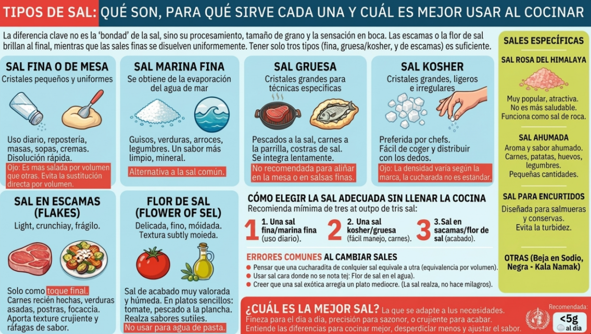 Tipos de sal: cuáles existen, para qué sirve cada una y cuál conviene usar en cocina