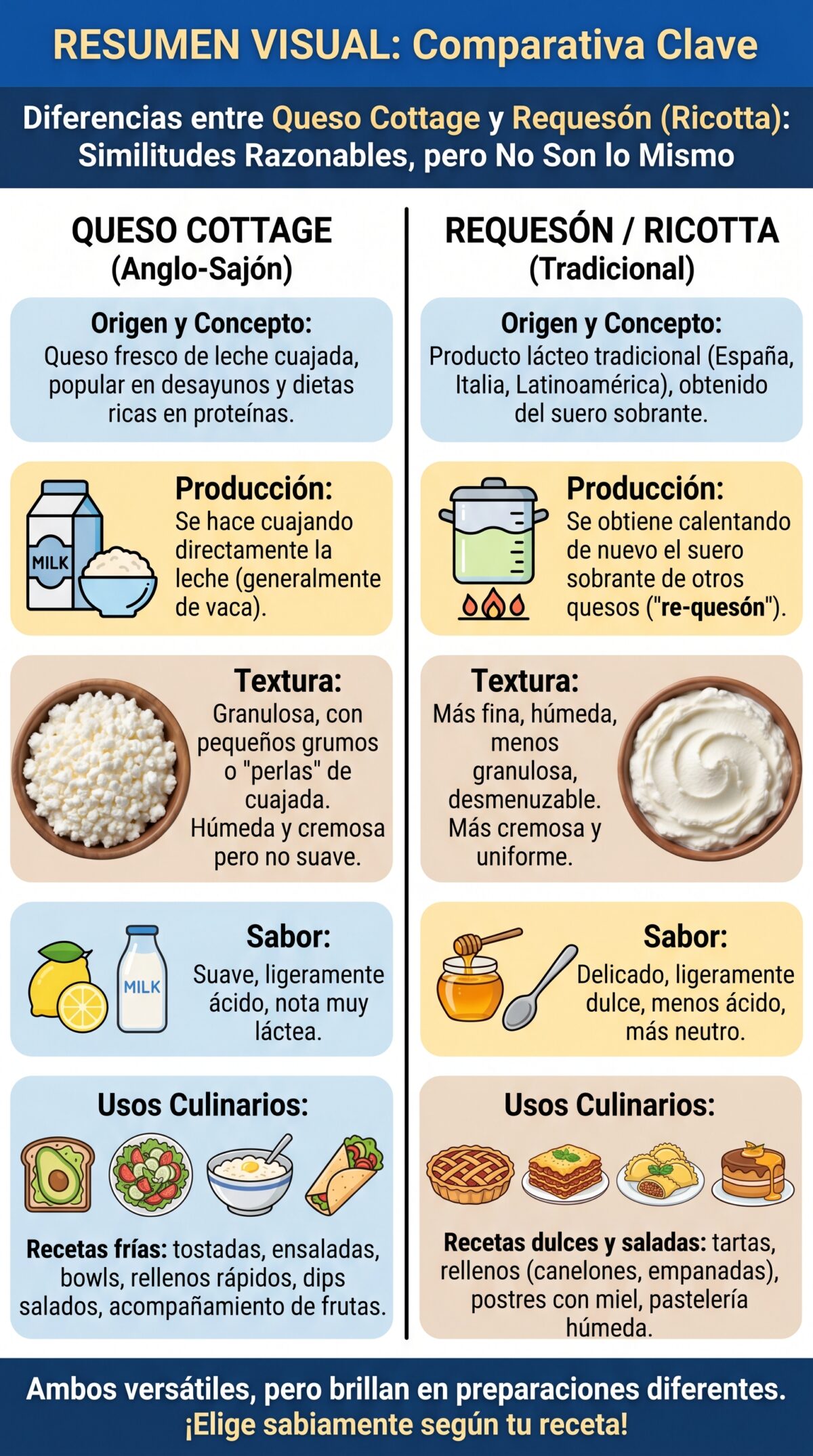 Diferencias entre queso cottage y requesón. Parecidos razonables, pero no son lo mismo