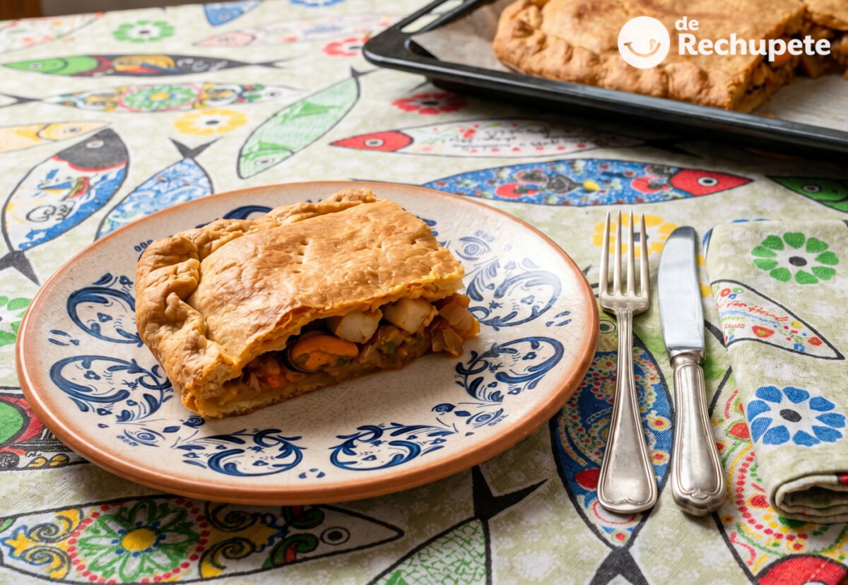 Empanada gallega mar y montaña. Receta con mejillones, zamburiñas, vieiras, panceta y lacón