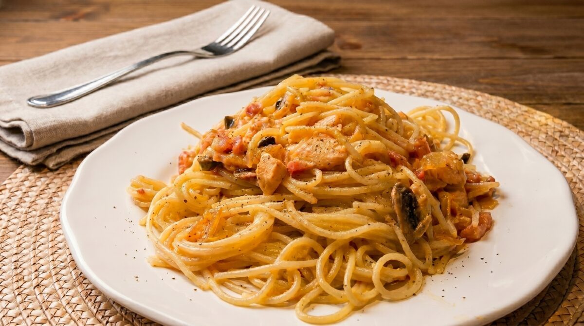 Espaguetis con salsa de naranja y mostaza Dijon