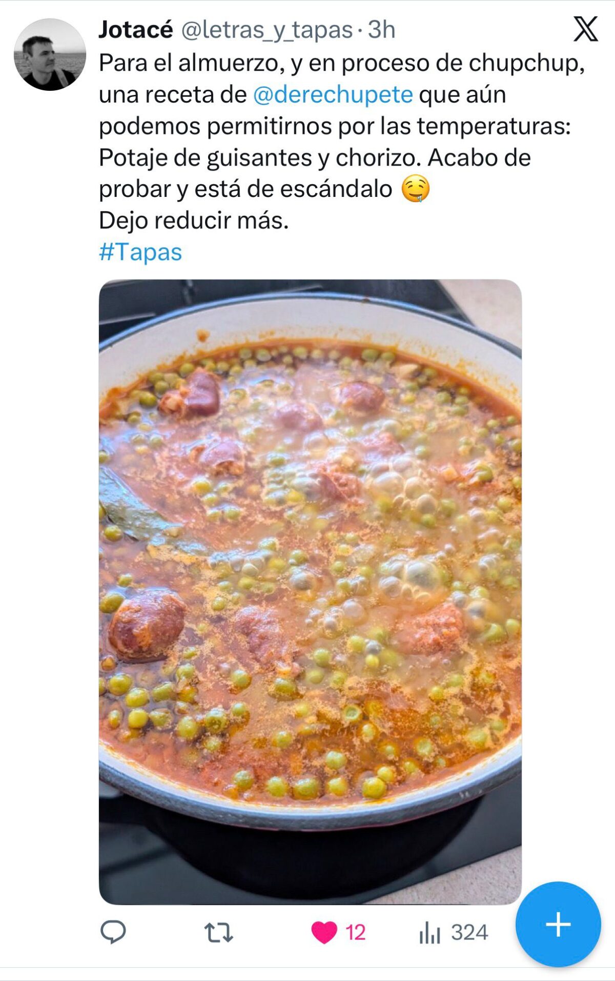 Potaje de guisantes con chorizo, un guiso sencillo para cuchara y pan