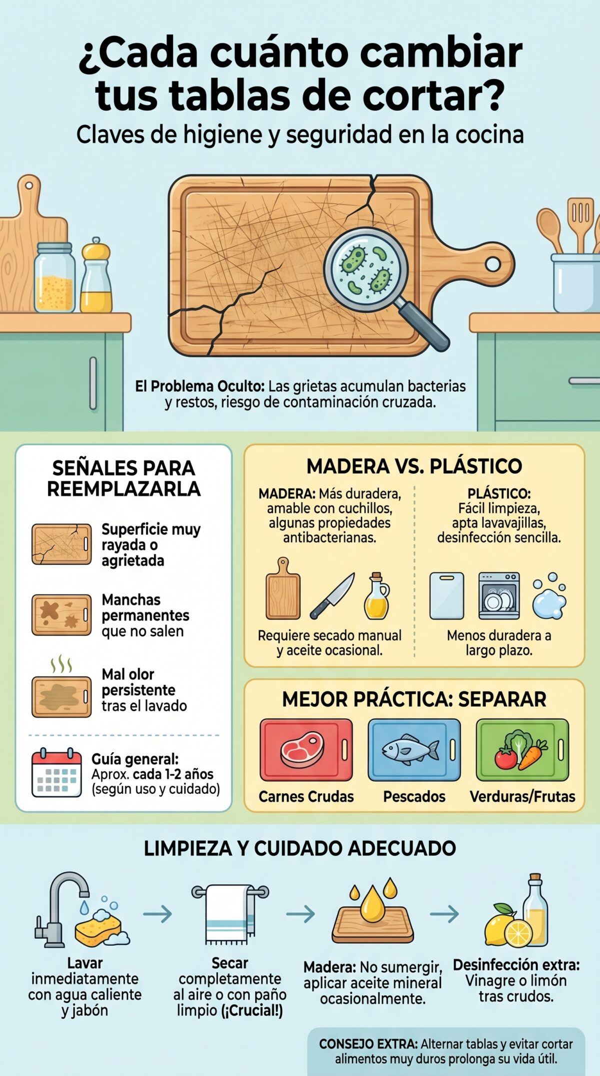 ¿Cada cuánto hay que cambiar las tablas de cortar? Claves de higiene y seguridad en la cocina