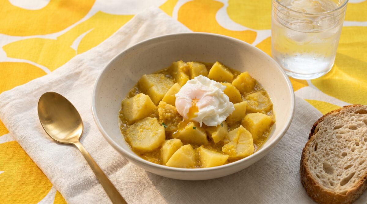 Patatas al ajopollo con huevo poché. Receta paso a paso