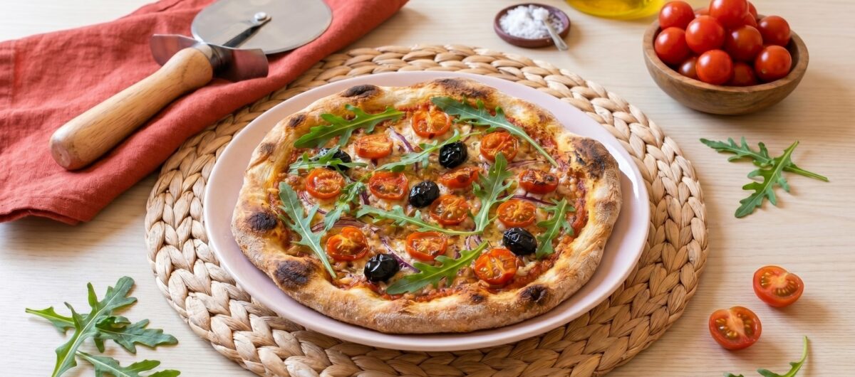 Pizza primavera italiana casera. Receta fácil con masa crujiente, verduras y mozzarella