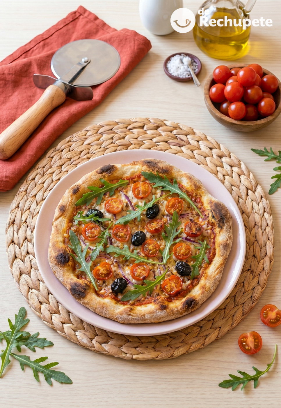 Pizza primavera italiana casera. Receta fácil con masa crujiente, verduras y mozzarella