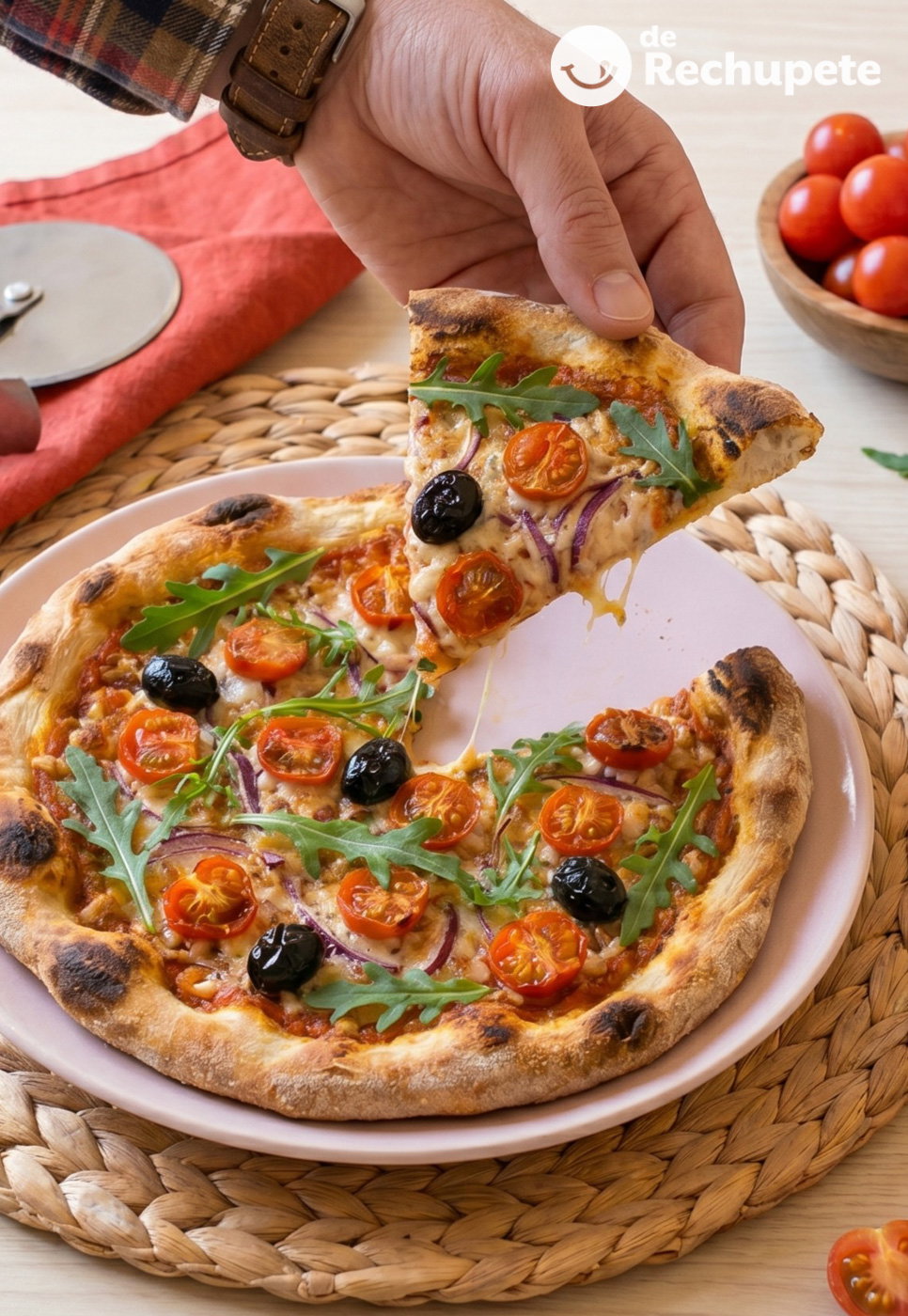 Pizza primavera italiana casera. Receta fácil con masa crujiente, verduras y mozzarella