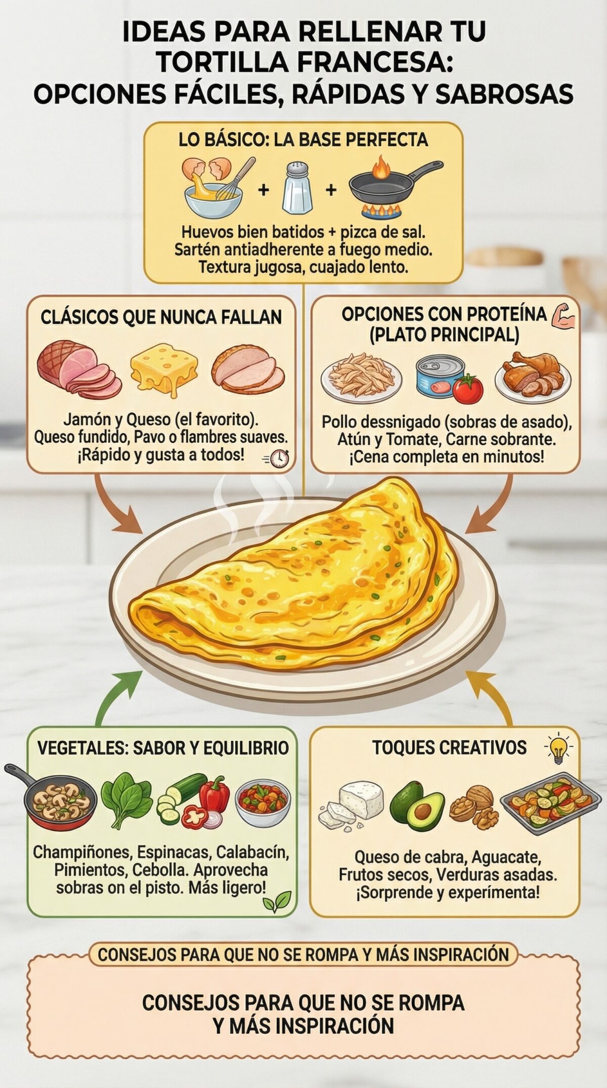 Ideas para rellenar una tortilla francesa. Opciones fáciles, rápidas y con mucho sabor