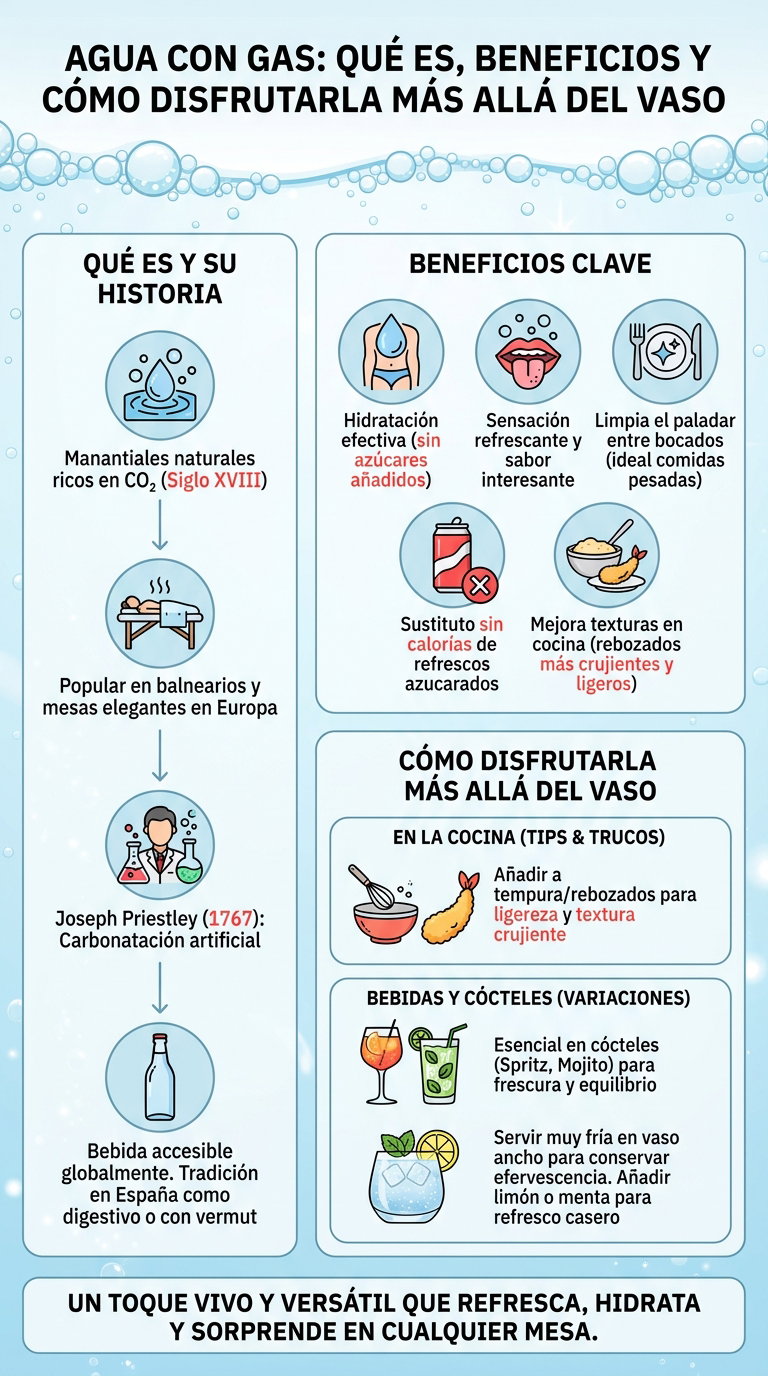 Agua con gas. Qué es, beneficios y cómo disfrutarla mucho más allá del vaso
