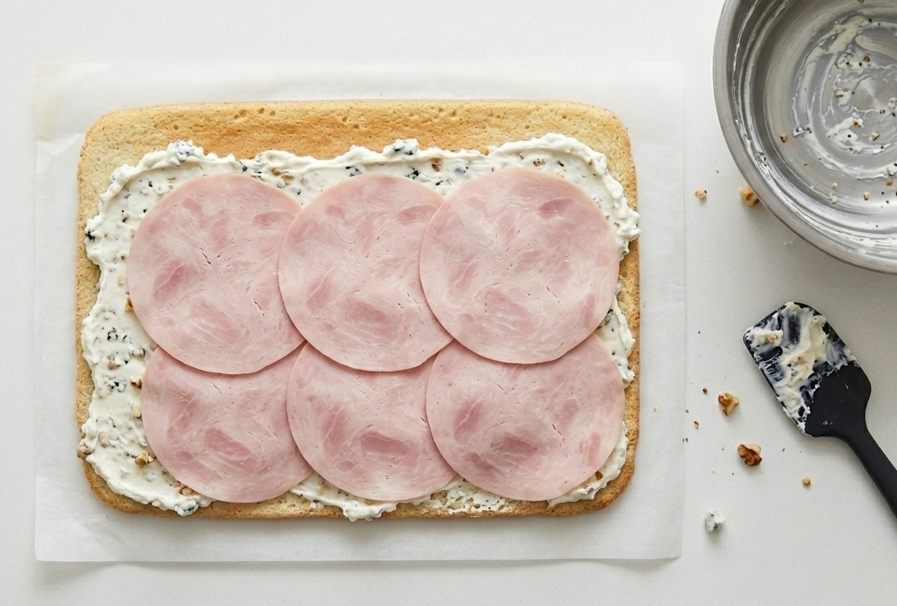 Brazo de gitano salado de queso azul y jamón york. Un aperitivo fácil para lucirse sin despeinarse