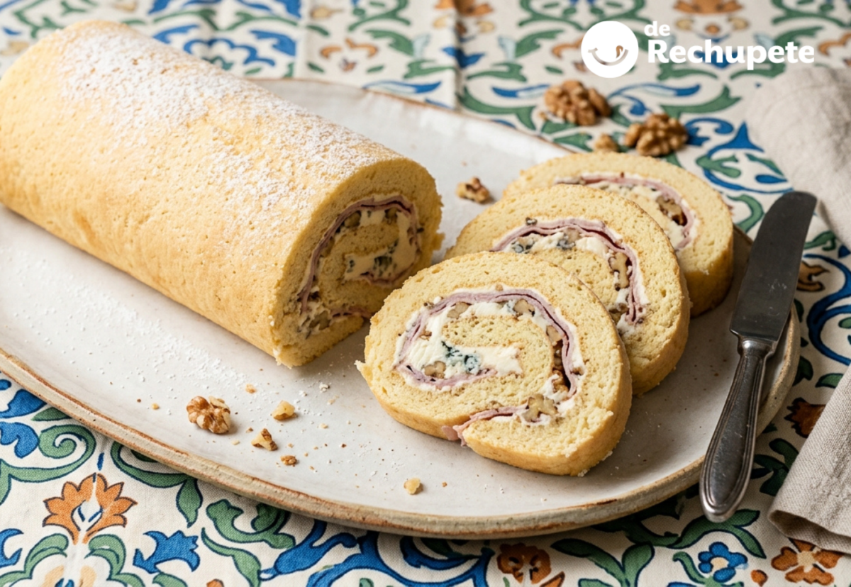 Brazo de gitano salado de queso azul y jamón york. Un aperitivo fácil para lucirse sin despeinarse