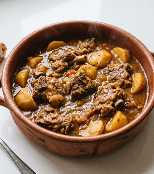 Calderete de cordero a la navarra. Guiso tradicional con patatas y pimiento choricero