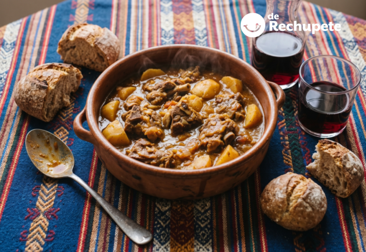 Calderete de cordero a la navarra. Guiso tradicional con patatas y pimiento choricero