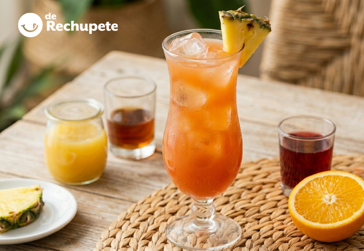 Bahama Mama tropical y bien afinado: ron oscuro, Malibú, plátano y mucha playa en la copa
