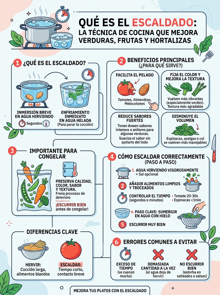 Qué es escaldar: la técnica de cocina que mejora verduras, frutas y hortalizas