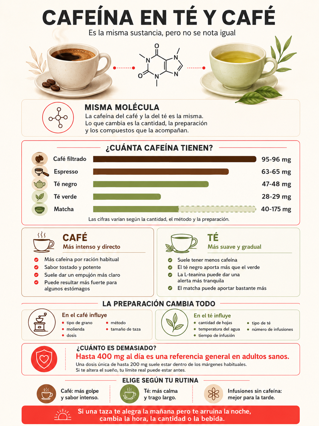 Cafeína en té y café: diferencias y cuál te conviene tomar