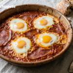 Magras con tomate a la navarra, receta con jamón y huevo para mojar pan