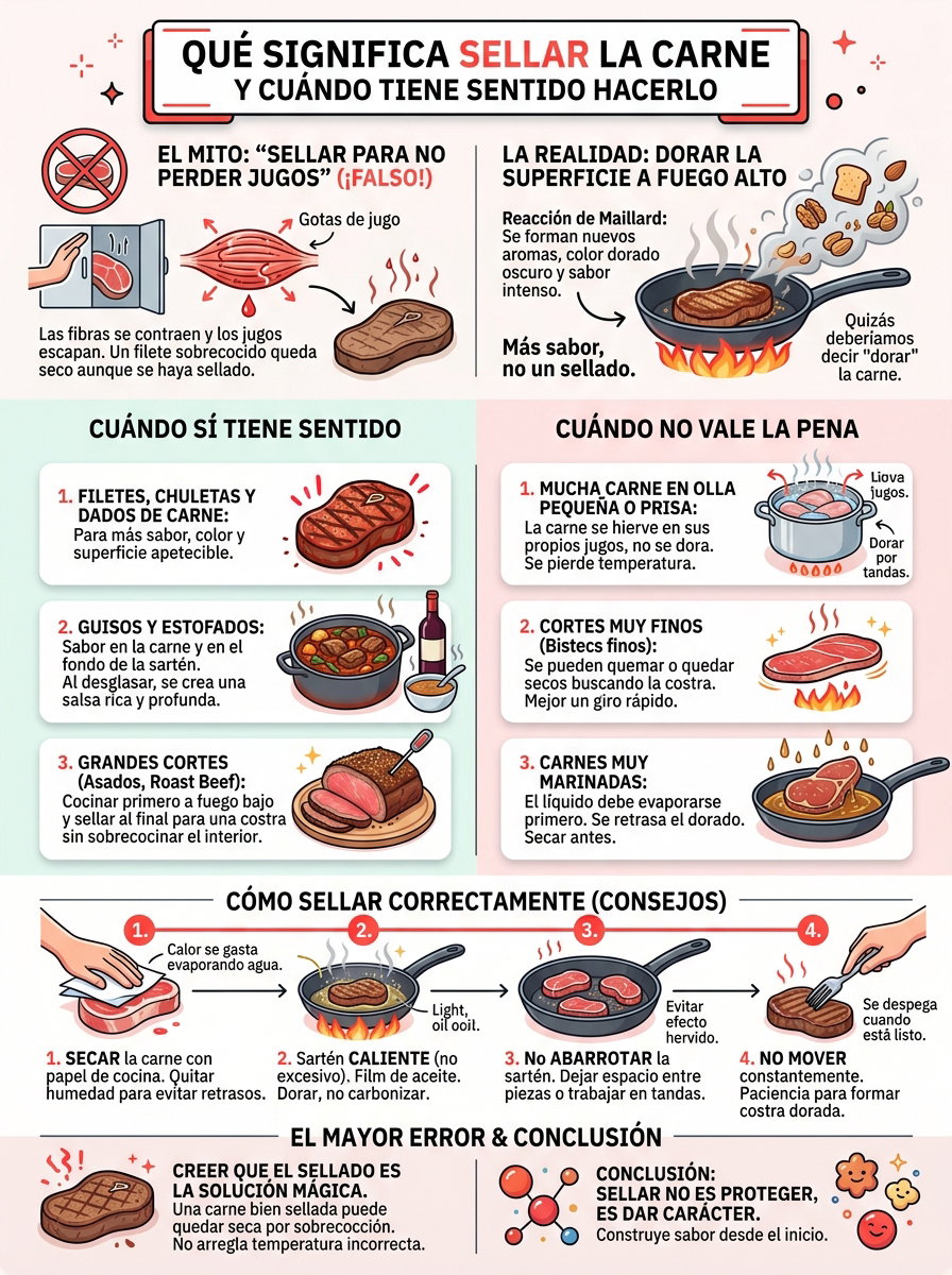 Qué significa sellar la carne y cuándo tiene sentido hacerlo