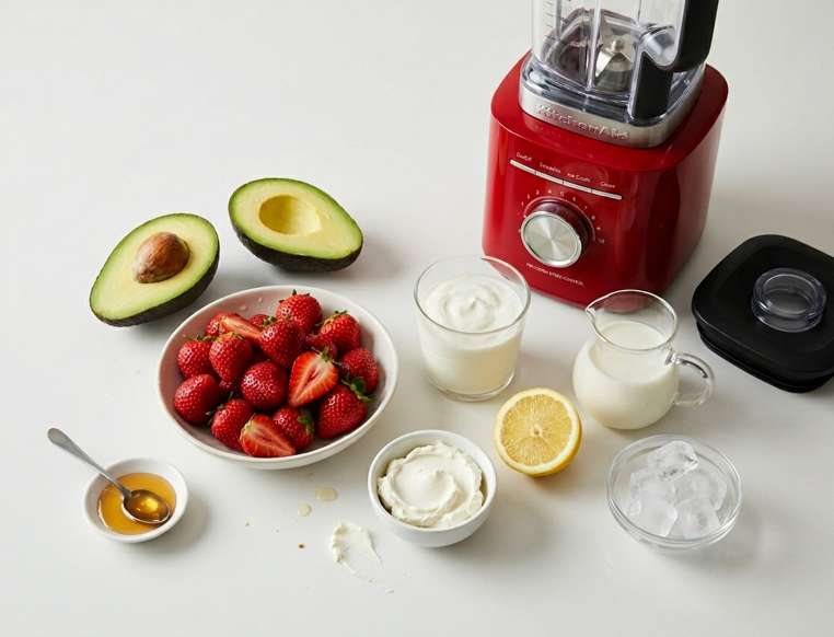 Smoothie de fresa, aguacate y queso. Cremoso, fresco y con un punto sorprendente que engancha desde el primer sorbo