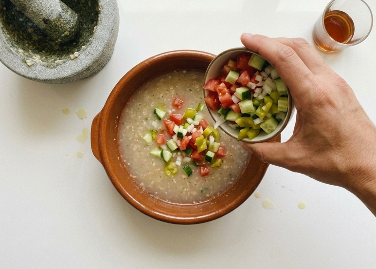 Gazpacho extremeño campero, la sopa fría que se maja en mortero