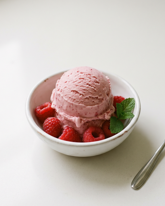 Helado de frambuesa, una bola rosa que sabe a fruta