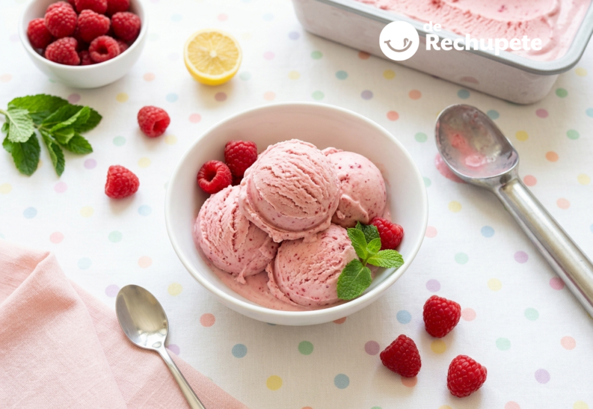 Helado de frambuesa, una bola rosa que sabe a fruta