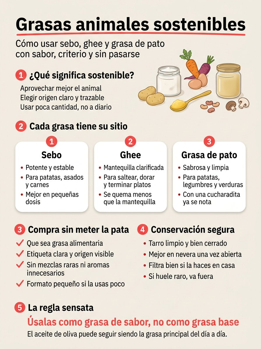 Grasas animales sostenibles: cómo cocinar con sebo, ghee y grasa de pato responsablemente