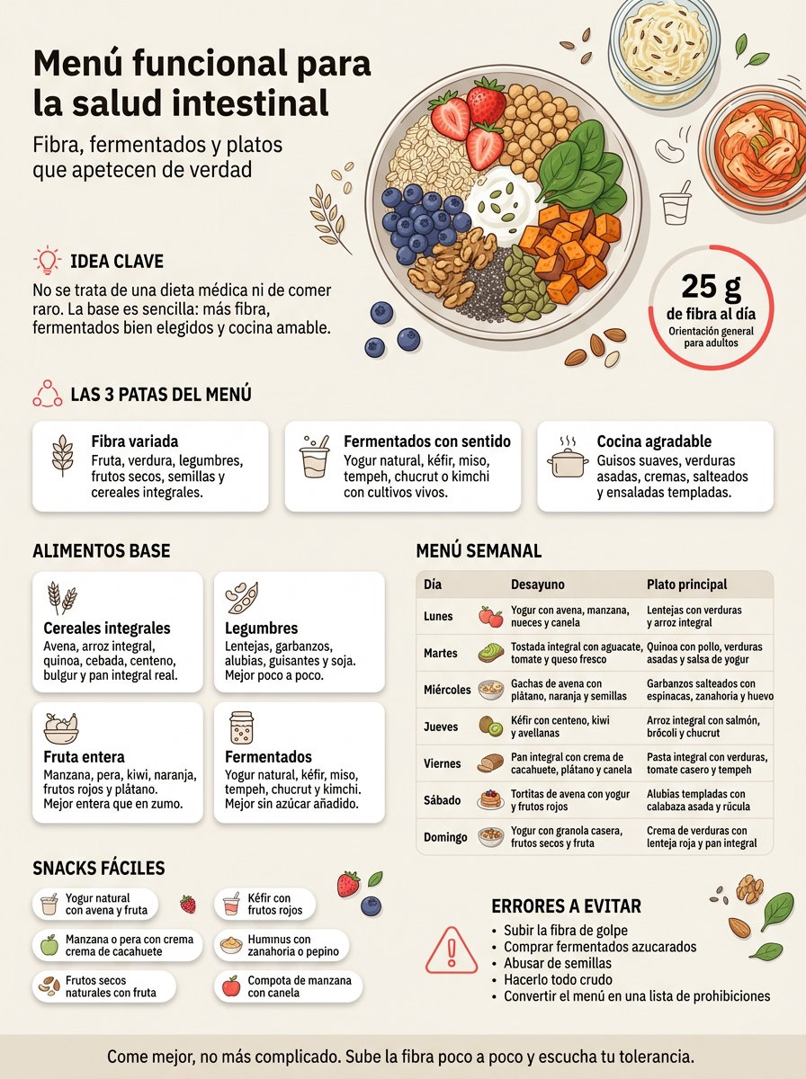 Menú funcional para la salud intestinal: fibra, fermentados y platos que apetecen de verdad