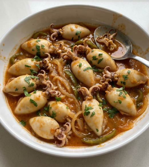 Maganos encebollados, una cazuela cántabra con calamar pequeño