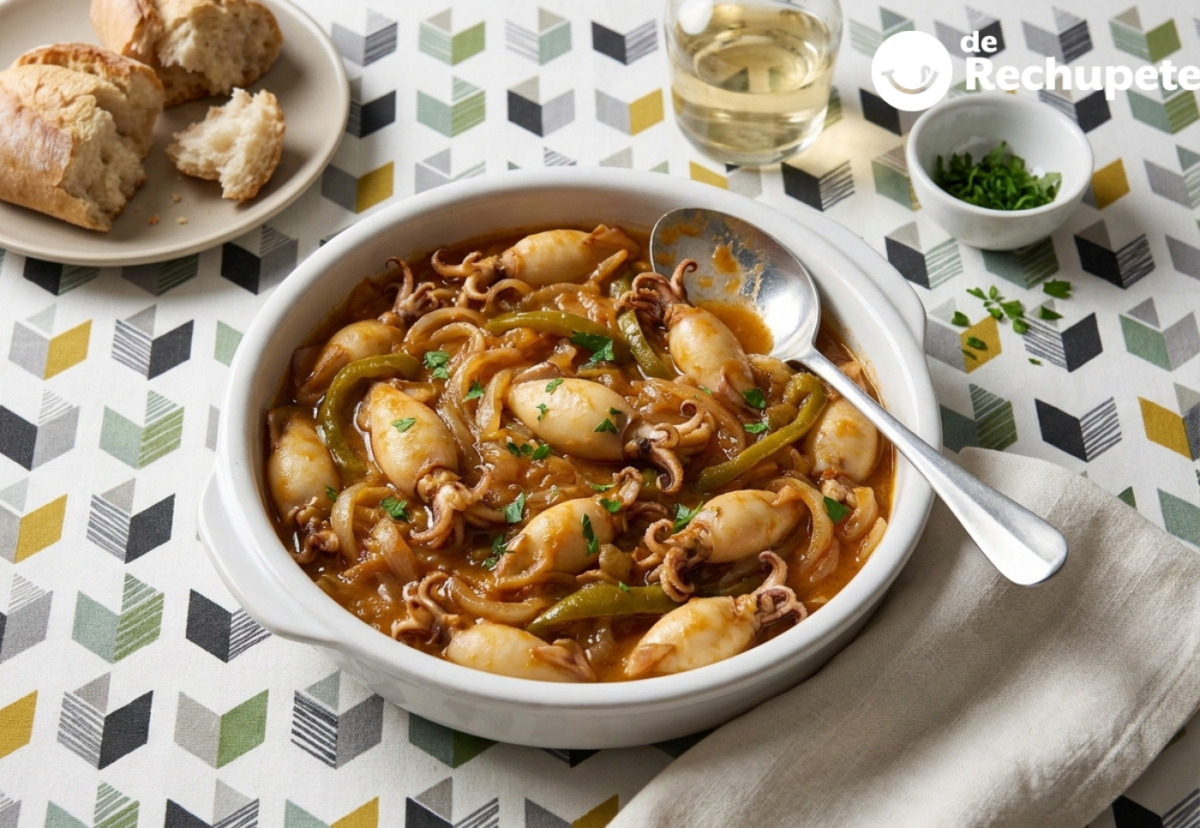Maganos encebollados, una cazuela cántabra con calamar pequeño