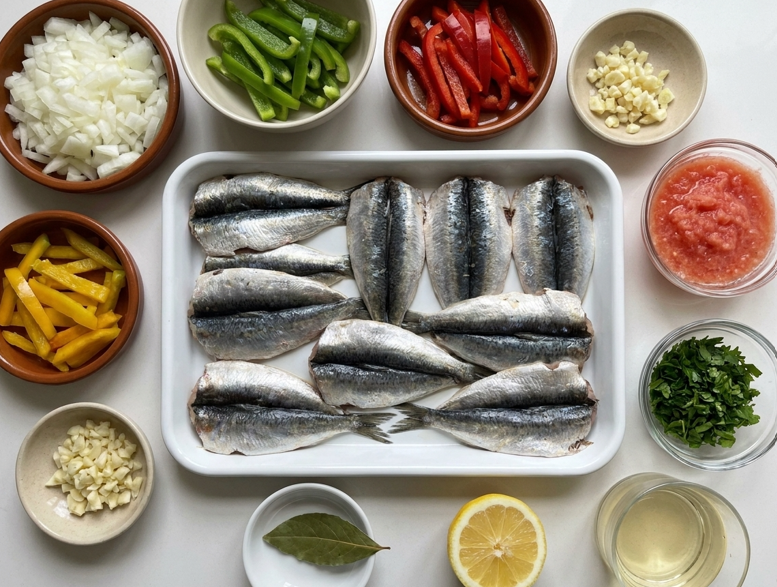 Moraga de sardinas a la malagueña, sofrito corto y pescado jugoso