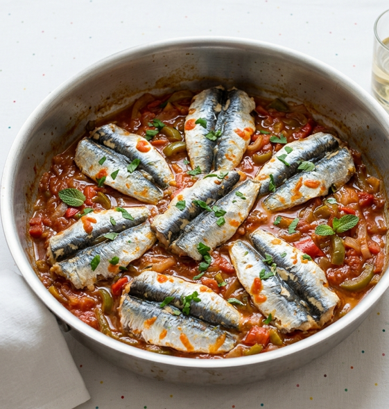 Moraga de sardinas a la malagueña, sofrito corto y pescado jugoso